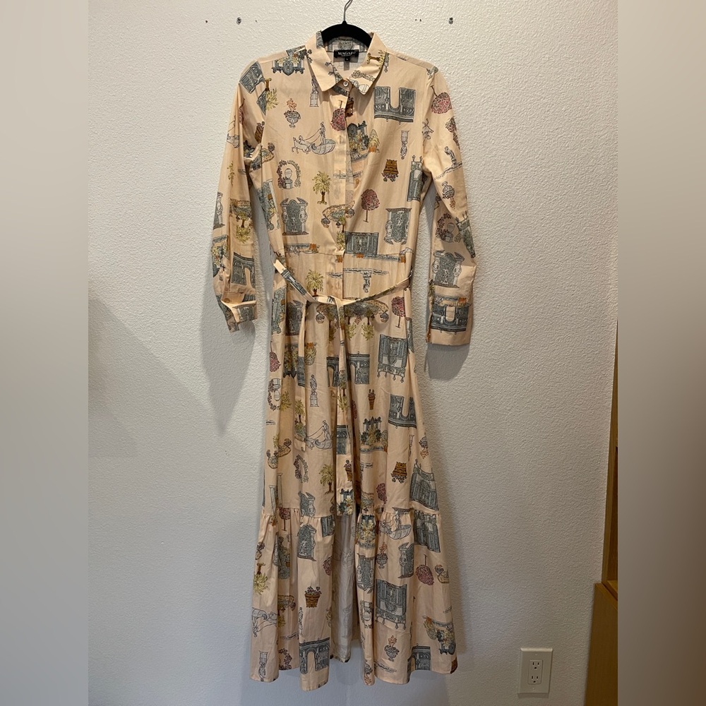 Magari European Print Long Maxi Shirtdress Belted with Pockets Women’s Large